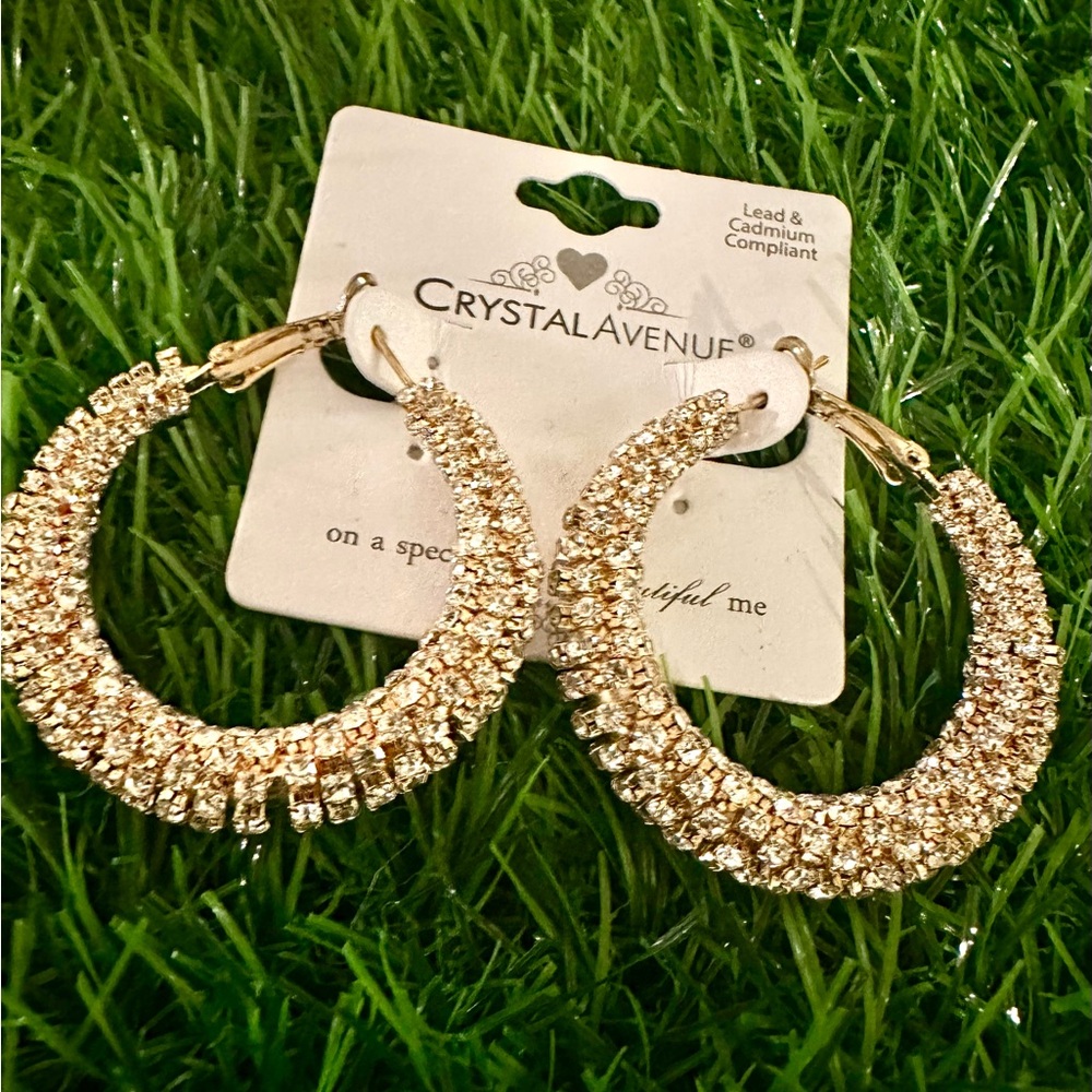 Gold Crescent Hoop Earrings with Crystal Embellishments